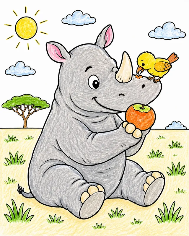 Ausmalbild: Nashorn hält Frucht für kleinen Vogel auf seinem Rüssel