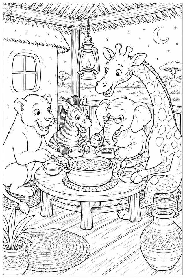 Animal Family Sharing Dinner Together