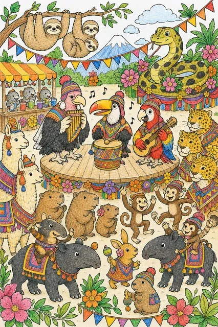 Ausmalbild: Südamerikanisches Tierfest mit Musik-Bühne und vielen Tier-Arten im Publikum