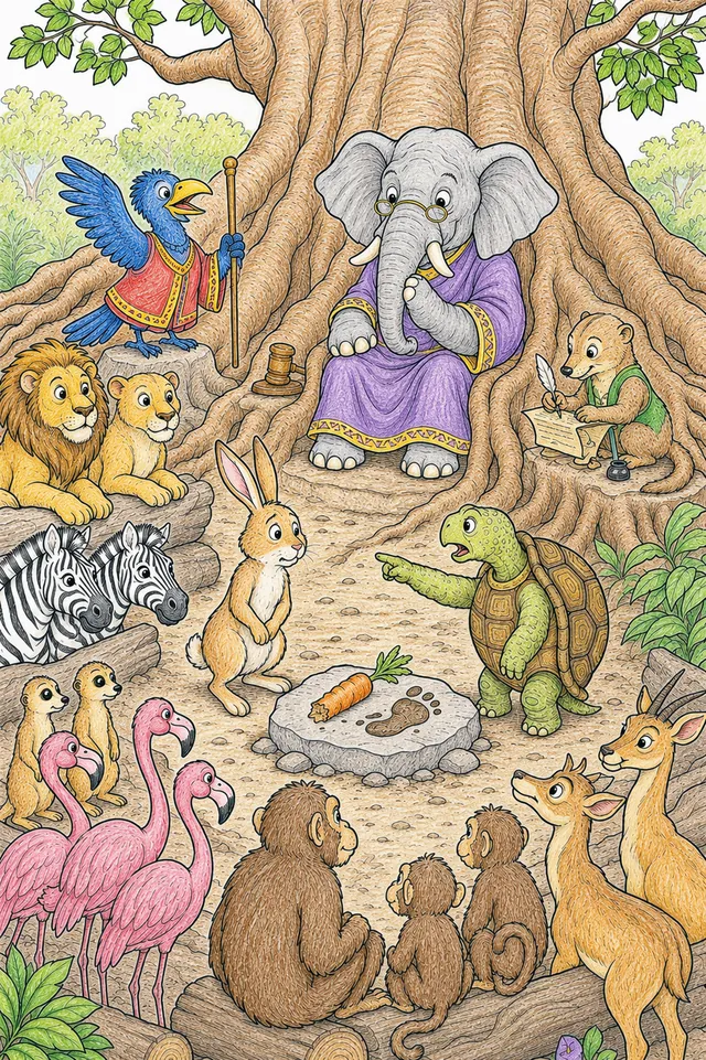 Ausmalbild: Buntes Tier-Wimmelbild zeigt Gerichtszene unter Baobab mit Elefant-Richter und Tier-Zuschauern