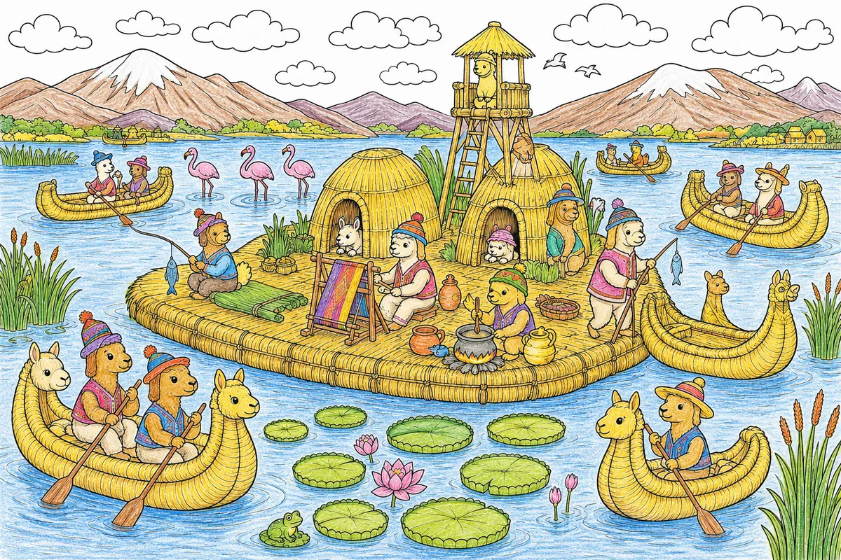 Titicaca-See-Panorama mit der Schilf-Insel der Uros