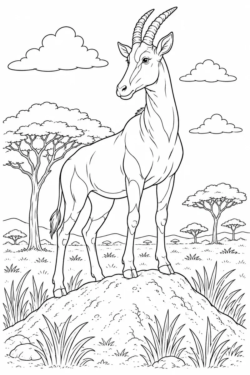 Ausmalbild: Farbenprächtige Topi-Antilope mit mahagonibraunem Fell auf Termitenhügel