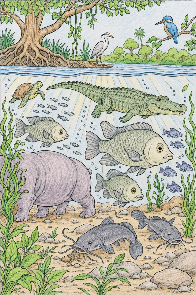 Ausmalbild: Unterwasserquerschnitt afrikanischer Fluss mit Nilpferd, Fischen, Krokodil