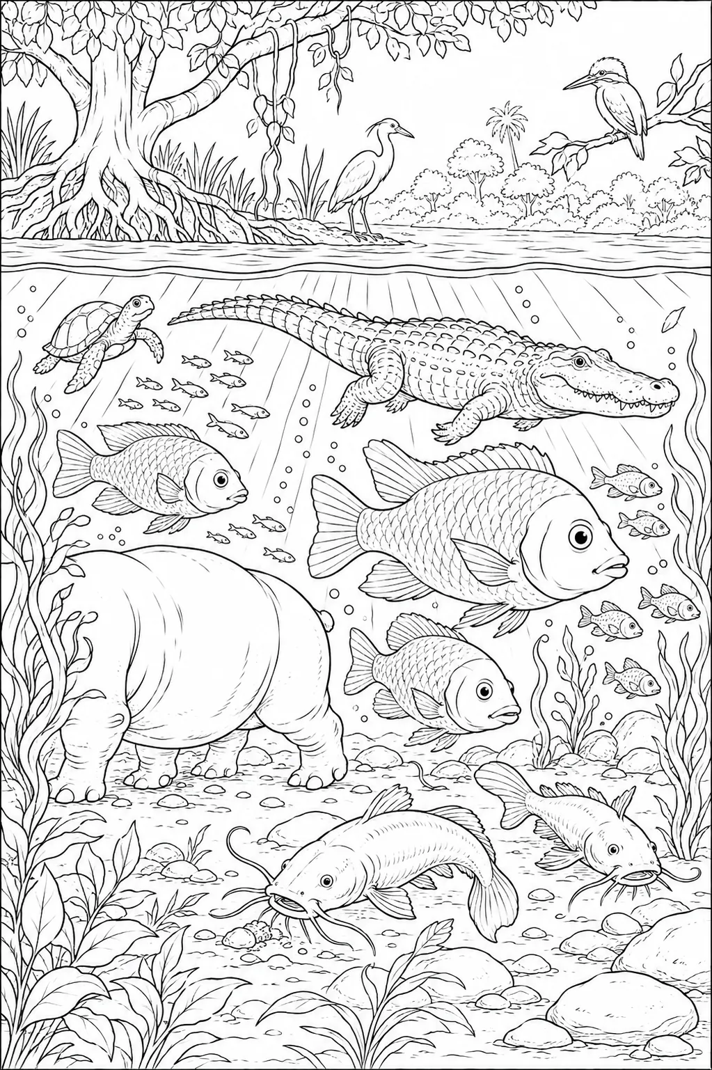 Ausmalbild: Unterwasserquerschnitt afrikanischer Fluss mit Nilpferd, Fischen, Krokodil