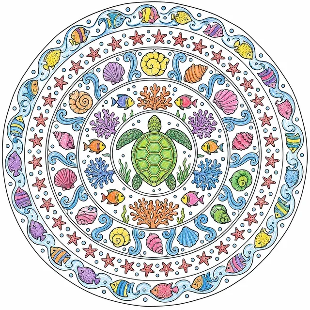 Ausmalbild: Kreisrundes Karibik-Unterwasser-Mandala mit Schildkröte, Korallen und Seesternen