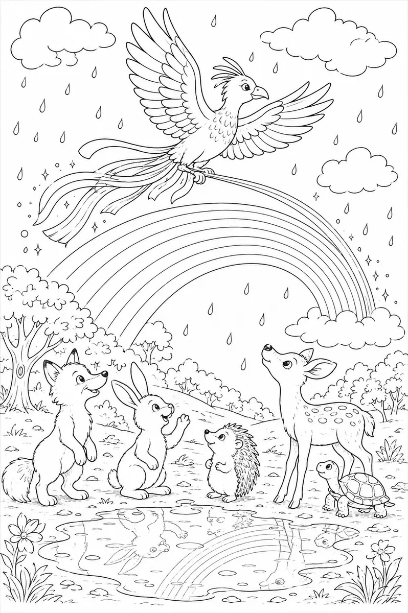 Ausmalbild: Bunter Regenbogen-Vogel zieht leuchtende Farbbänder aus seinen Schwanzfedern und erschafft so den Regenbogen