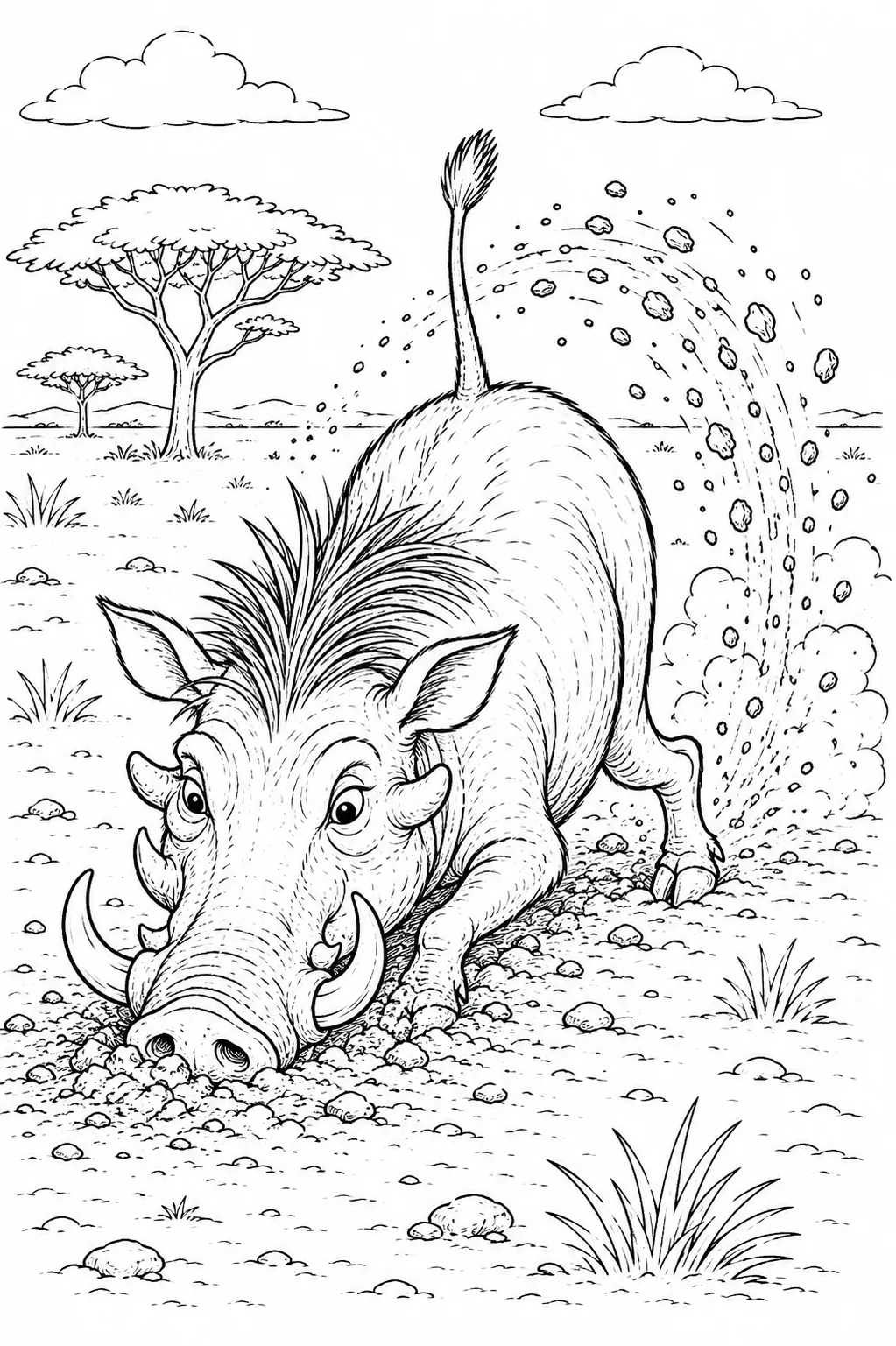 Ausmalbild: Warzenschwein mit Warzen und Stoßzähnen buddelt kniend im Savannenboden