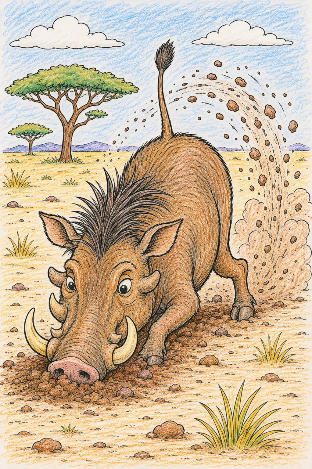 Warzenschwein buddelt energisch im Savannenboden