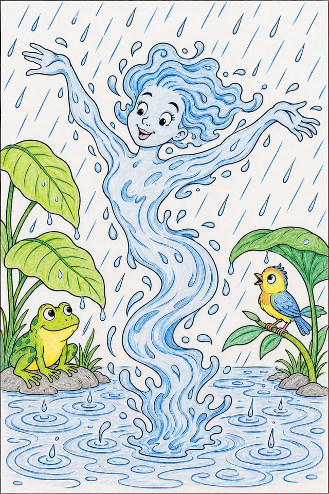 Ausmalbild: Wassergeist aus Wasserlinien tanzt im Regen