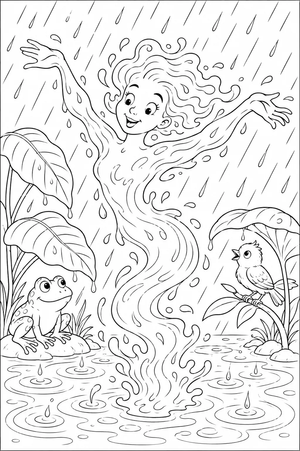 涂色页：由水线构成的水之灵在雨中起舞