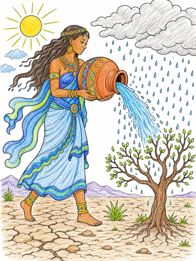 涂色页：水灵女神倾斜水罐，水变成雨水