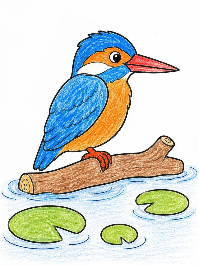 Ausmalbild: Farbenprächtiger Eisvogel sitzt auf treibendem Ast im Fluss
