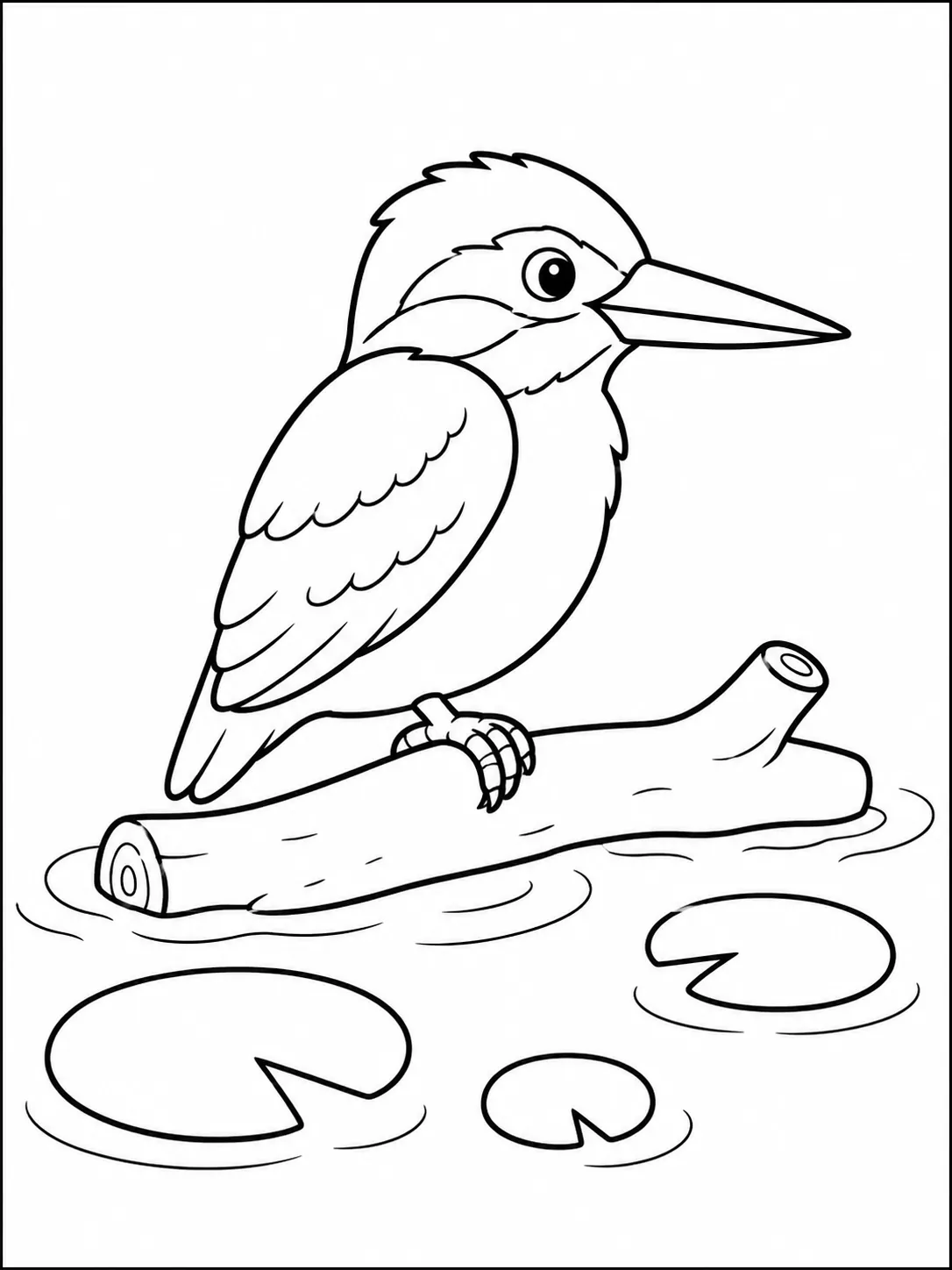 Ausmalbild: Farbenprächtiger Eisvogel sitzt auf treibendem Ast im Fluss