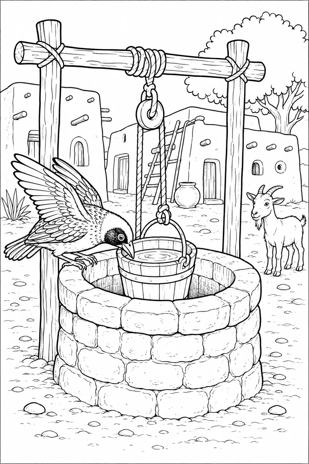 Ausmalbild: Gelber Webervogel sitzt auf Dorfbrunnen und trinkt