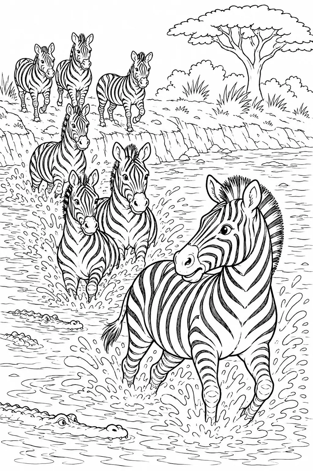 Ausmalbild: Zebra-Herde überquert dynamisch einen roten Savanne-Fluss