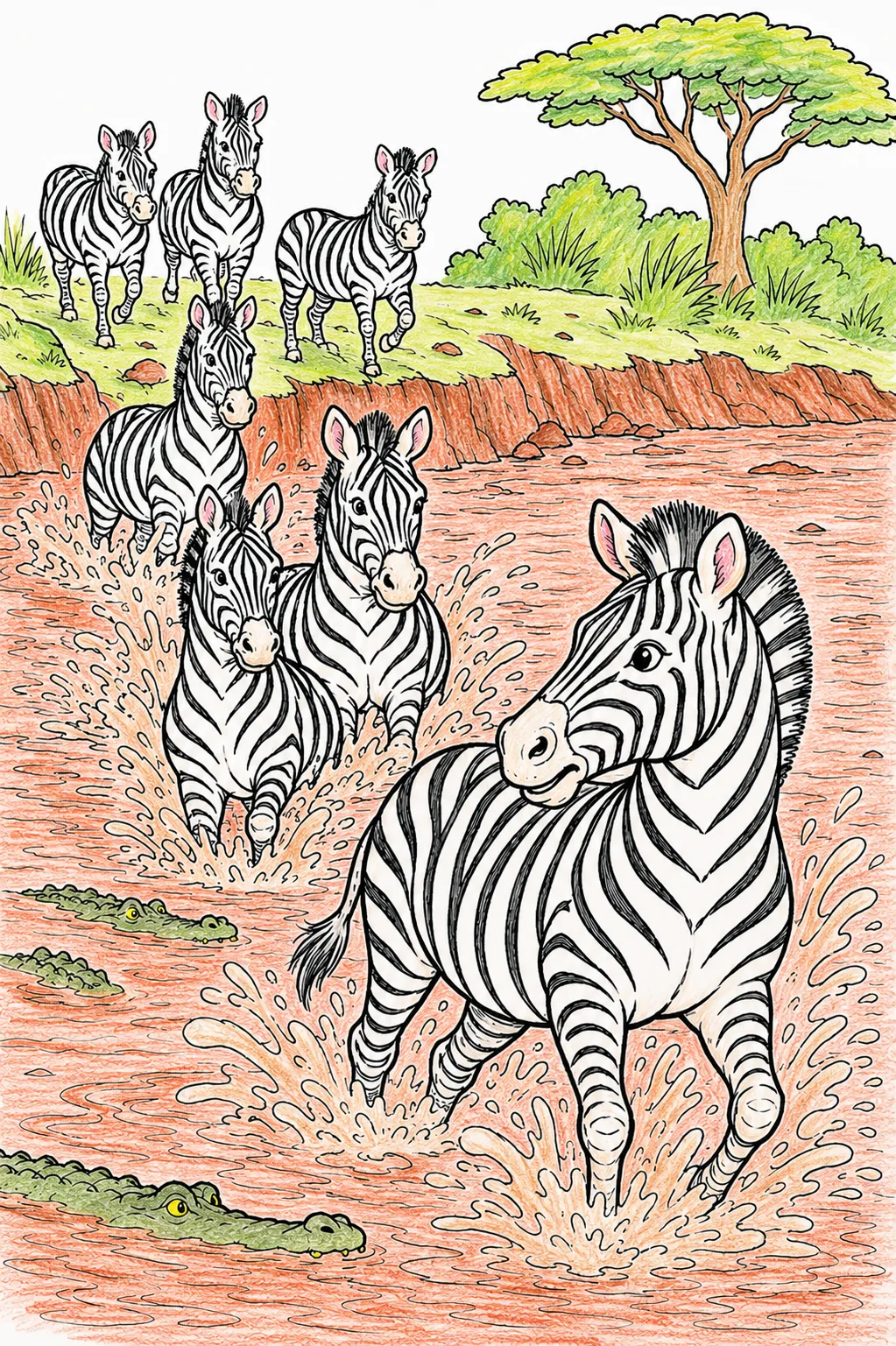 Zebra-Herde überquert mutig den Fluss