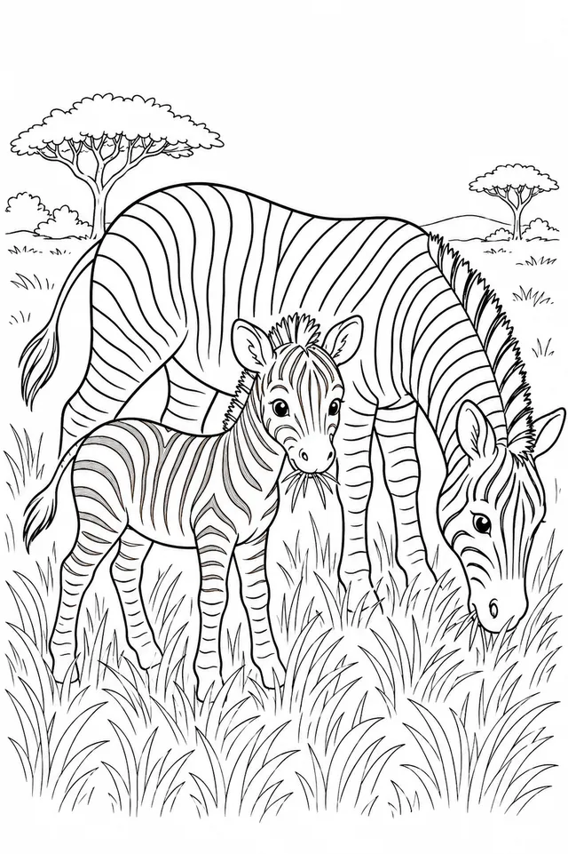 Zebra-Kind isst Gras neben seiner Mutter