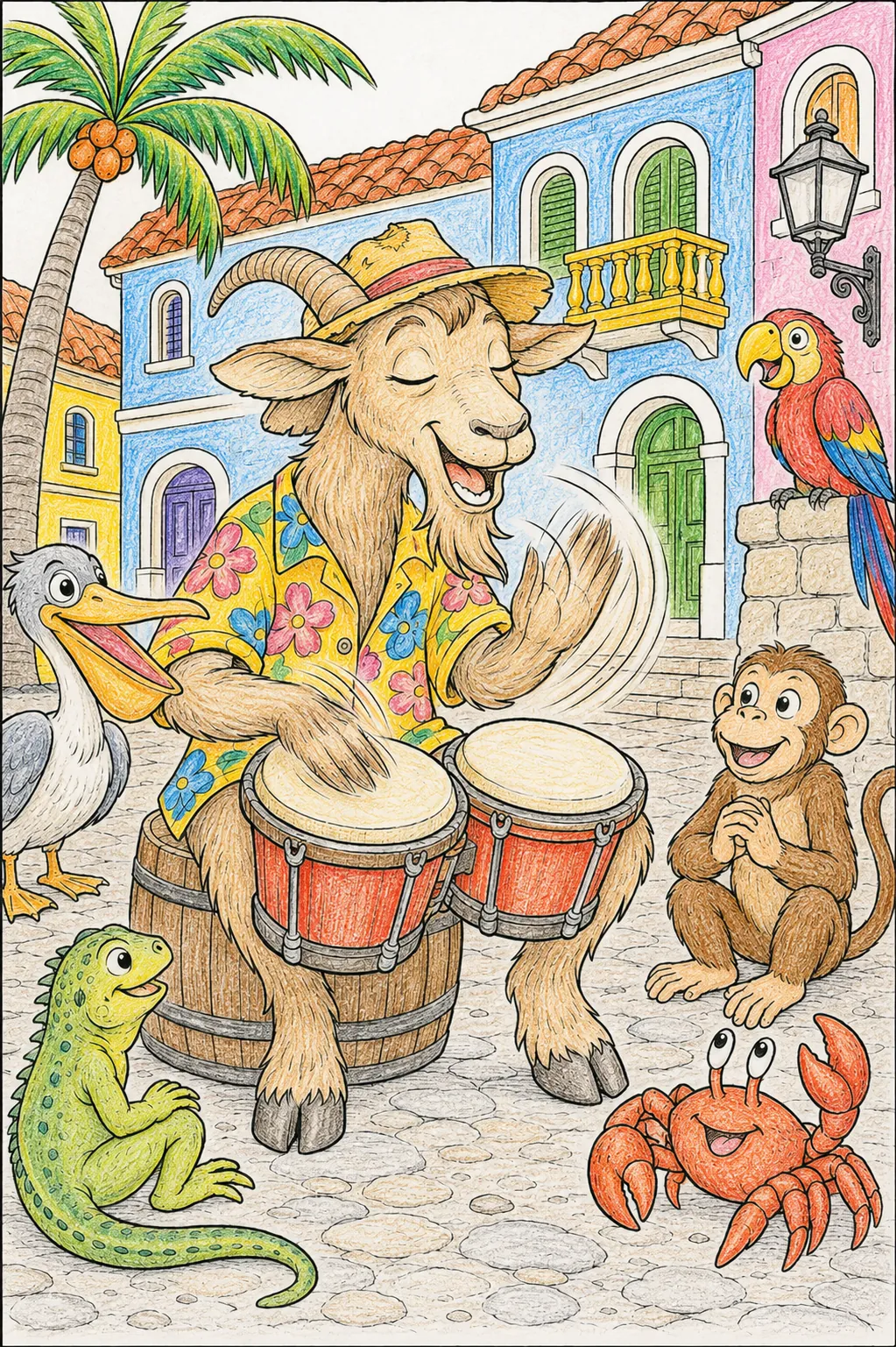 Ziegenbock-Musiker spielt feurige Bongo-Trommeln