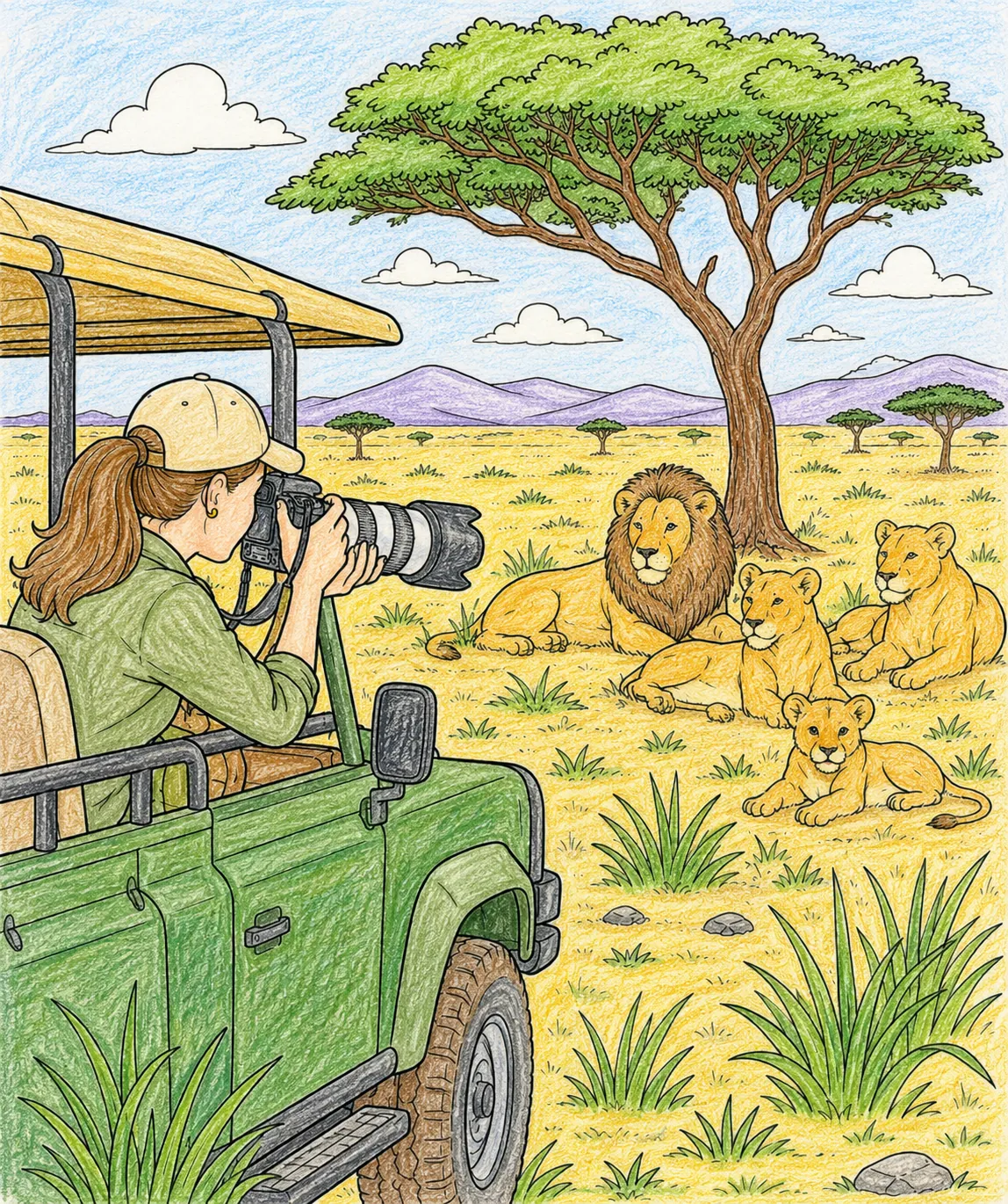 Fotografin fotografiert im Jeep ein Löwenrudel in der Savanne