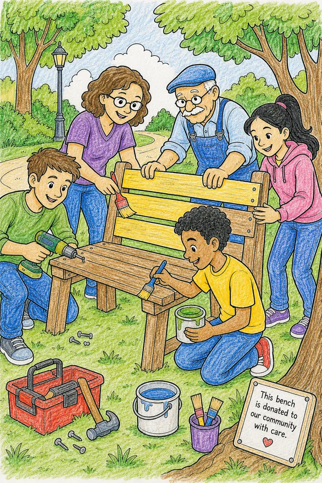Diverse Gruppe von Freiwilligen verschiedener Generationen baut gemeinsam eine Holzparkbank