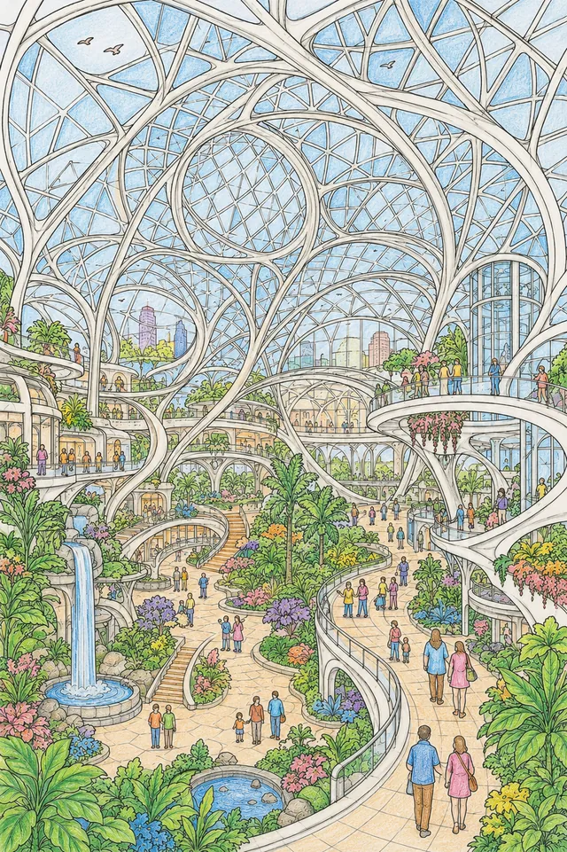 Ausmalvorlage: Futuristisches Gewölbeinterieur mit organischer Glas-Stahl-Kuppel und ineinandergreifenden Stahlrippen
