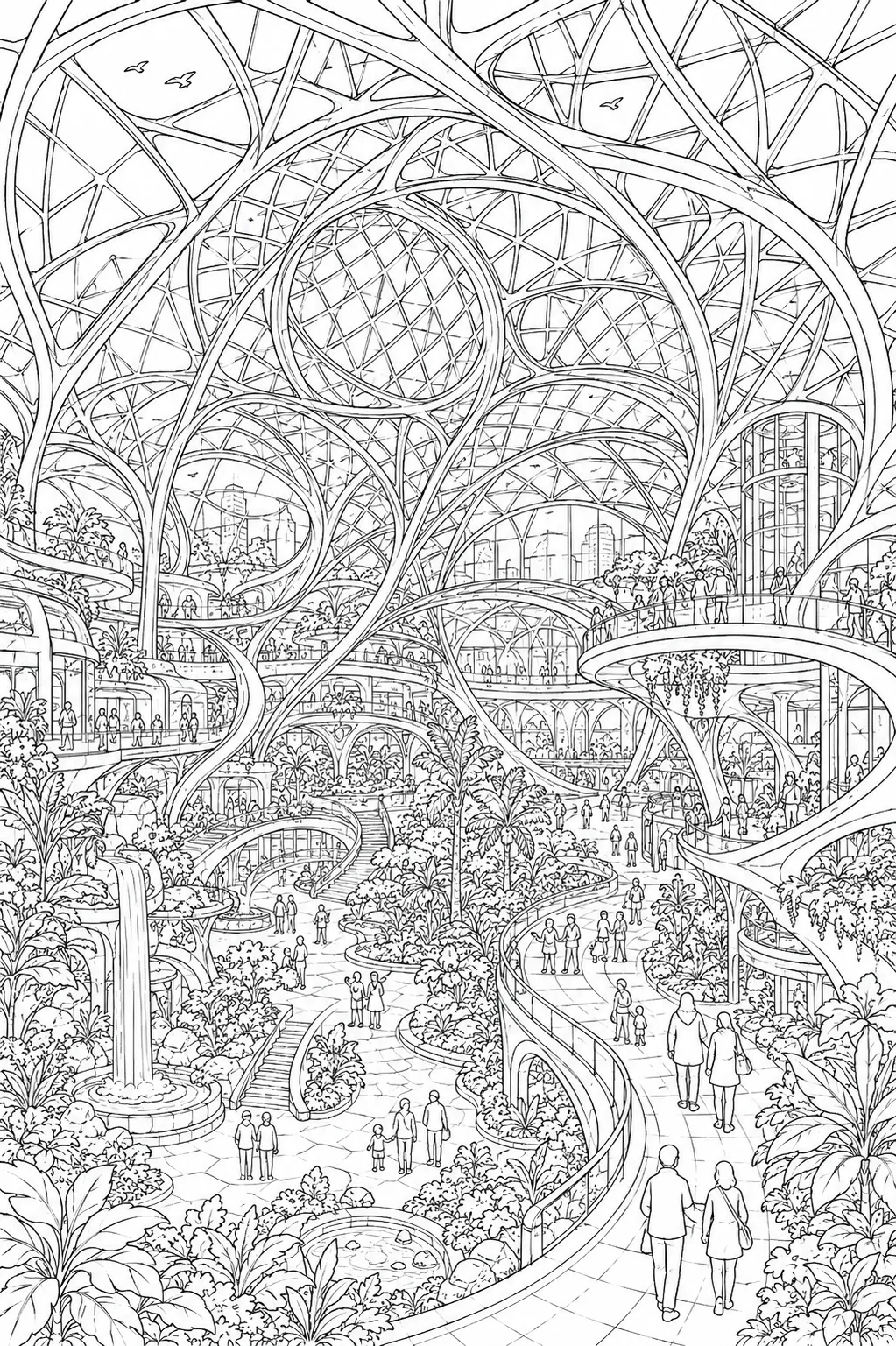 Ausmalvorlage: Futuristisches Gewölbeinterieur mit organischer Glas-Stahl-Kuppel und ineinandergreifenden Stahlrippen