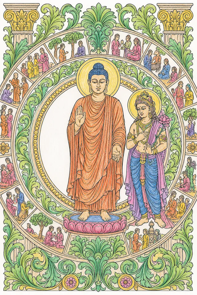 Gandhara: Buddha toga fold ushnisha mudra / Bodhisattva jewelled crown muscled / acanthus scroll lobed / Jataka narrative relief figures / lotus pearl roundel