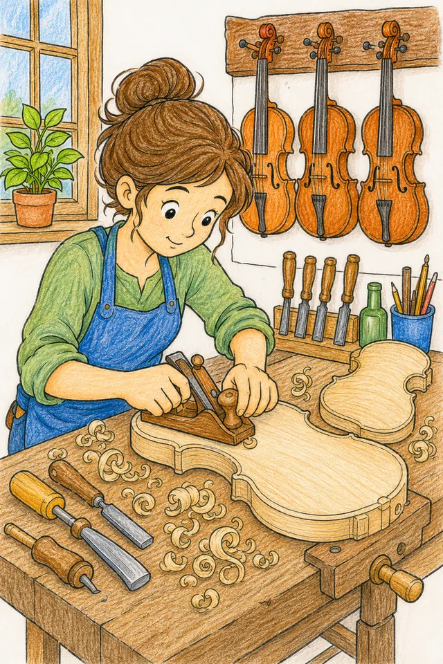 Ausmalbild: Geigenbauerin hobelt Holzkörper einer Geige in der Werkstatt mit Geigen an der Wand