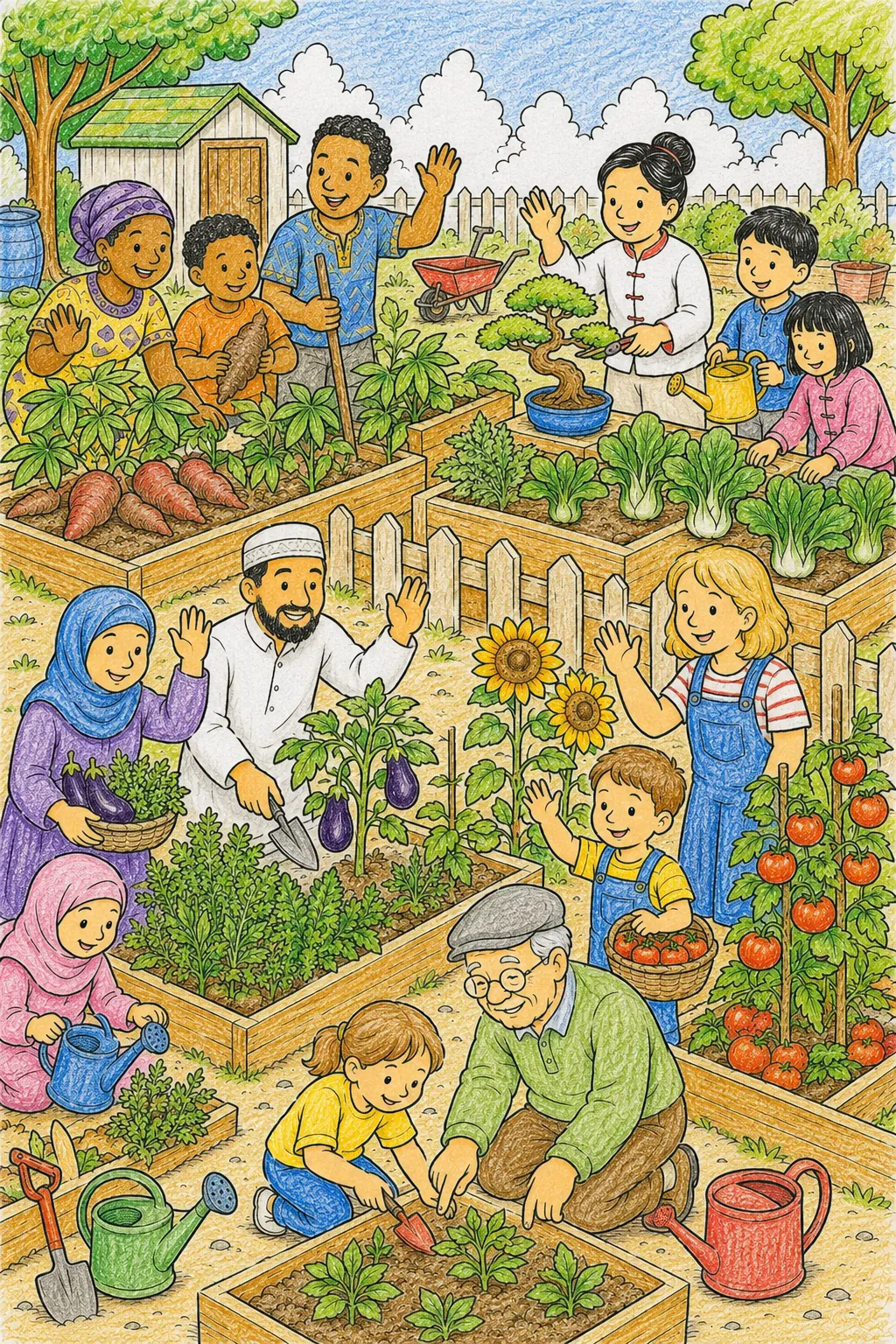 Families from Different Cultures Working Together in the Community Garden