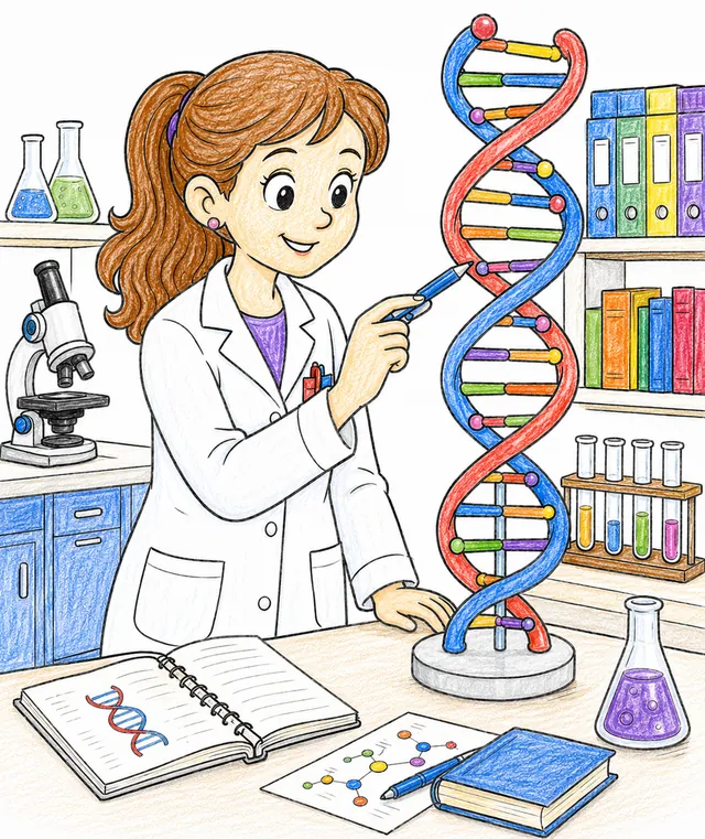 Ausmalseite: Genetikerin im Laborkittel zeigt auf großes DNA-Doppelhelix-Modell auf dem Labortisch