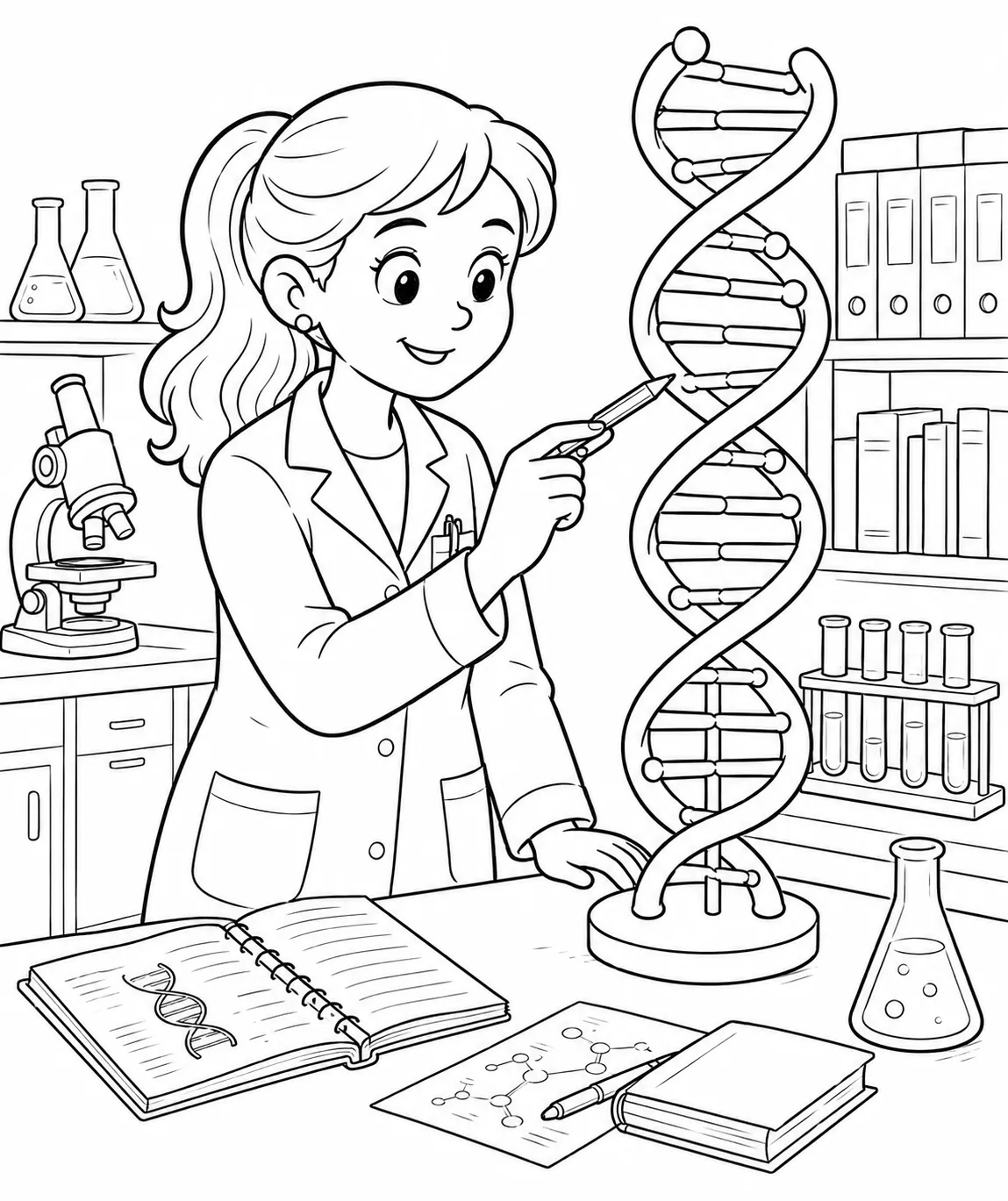 Ausmalseite: Genetikerin im Laborkittel zeigt auf großes DNA-Doppelhelix-Modell auf dem Labortisch