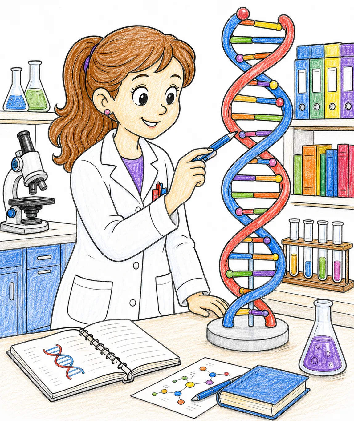 Genetikerin mit DNA-Doppelhelix-Modell