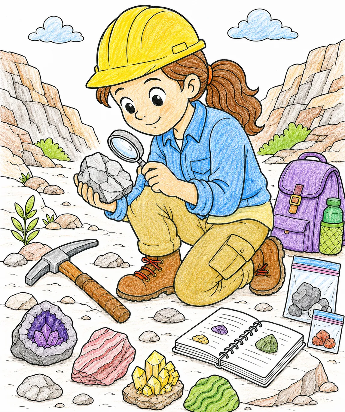 Geologin untersucht Gesteinsproben mit der Lupe