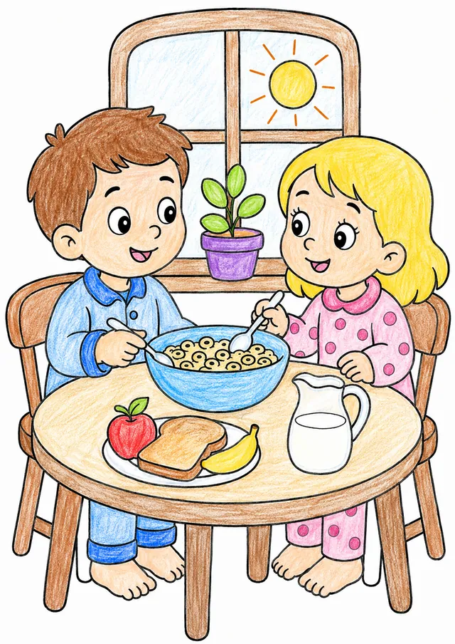 Junge und Mädchen im Pyjama essen fröhlich gemeinsam Frühstück am Küchentisch