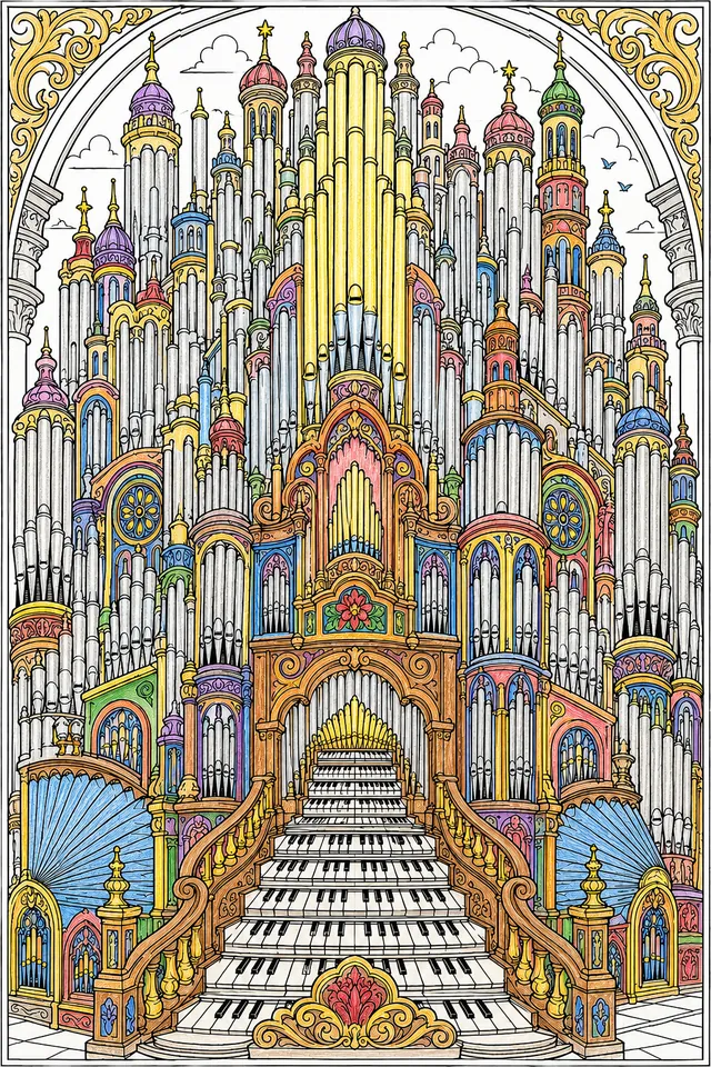 Ausmalseite einer gigantischen Kirchenorgel die zu einem ganzen Gebäude mit Pfeifen als Türmen geworden ist