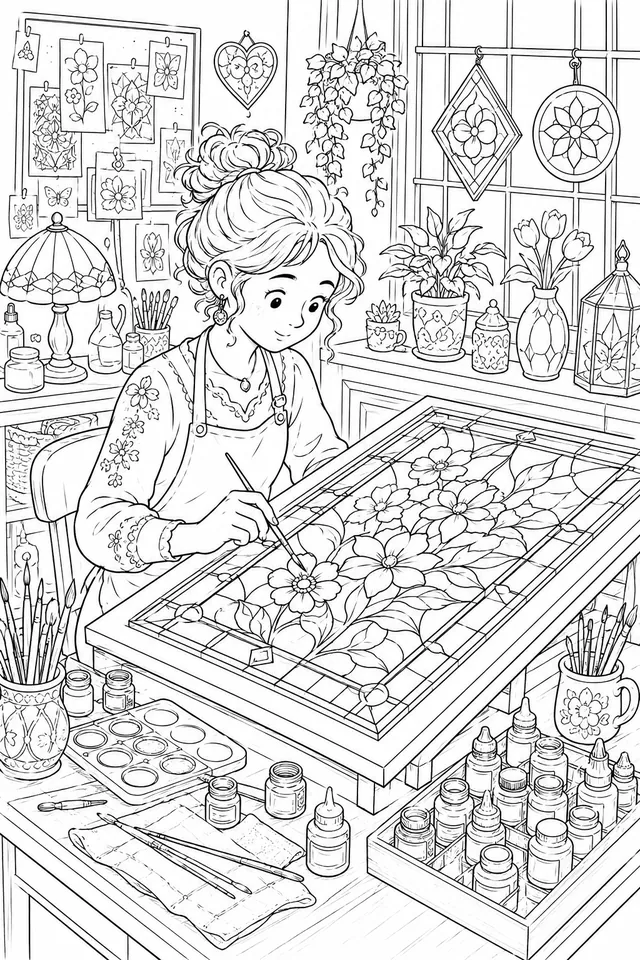 Glasmalerin bemalt Kirchenfenster im Atelier