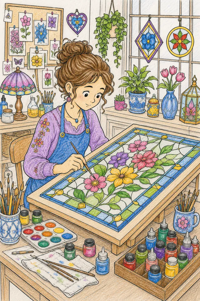 Ausmalbild: Glasmalerin trägt Farbe auf Bleiverglasung mit Blumenmustern auf Leuchttisch im Atelier auf