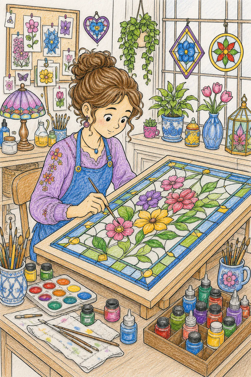 Glasmalerin bemalt Kirchenfenster im Atelier