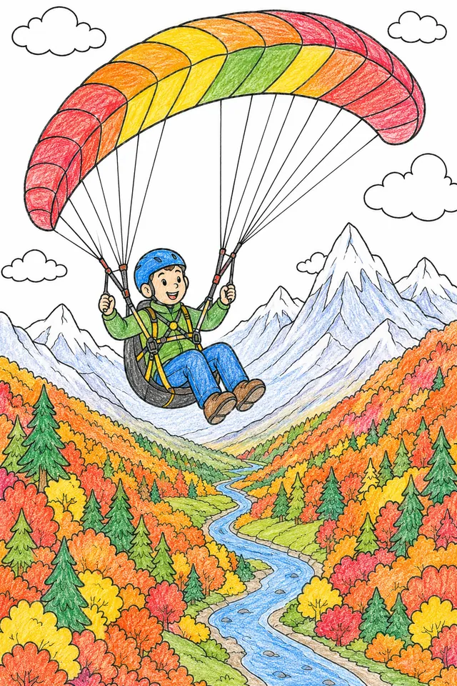 Gleitschirmflieger mit buntem Schirm hoch über herbstlichem Alpental mit Fluss und Schneebergen