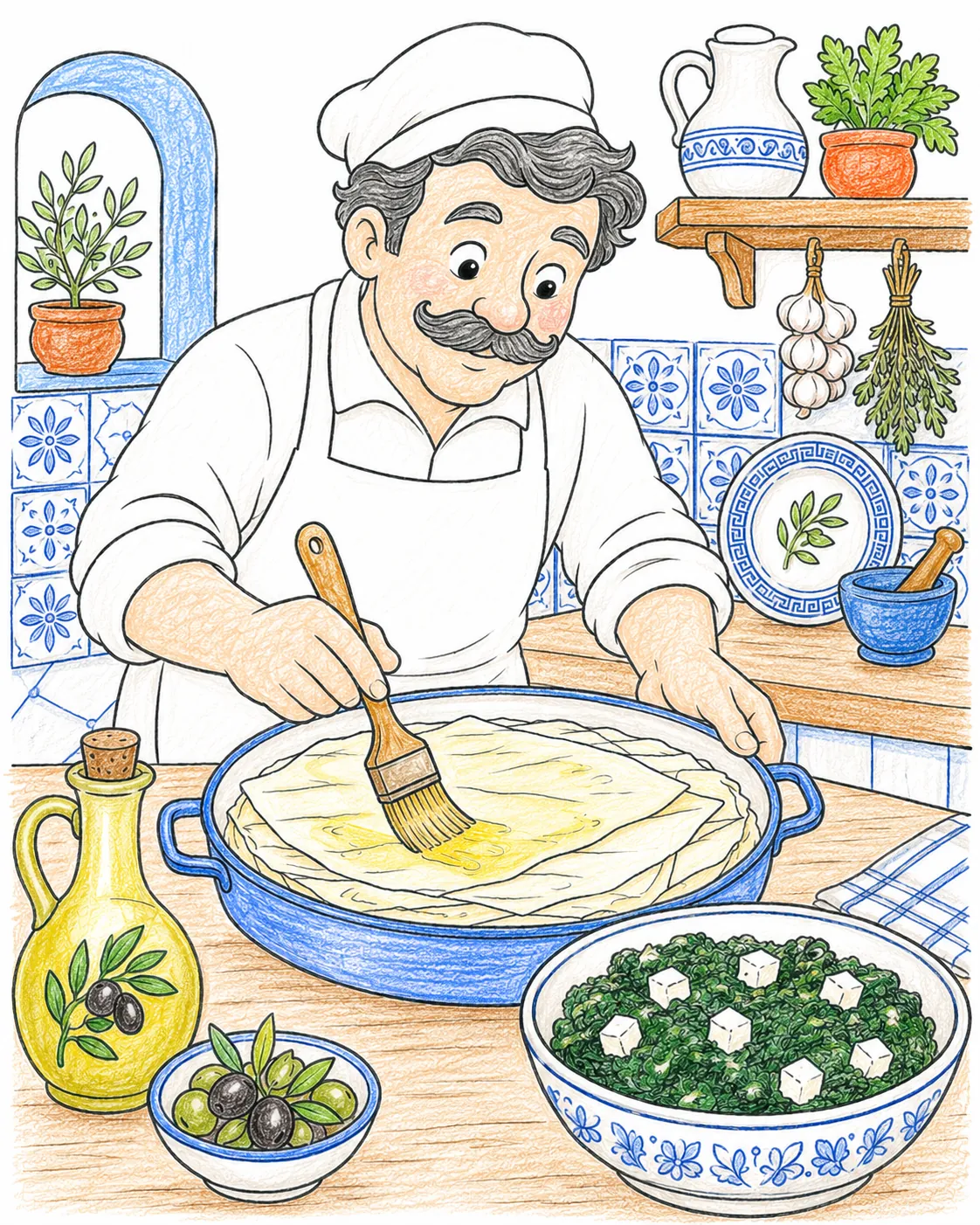 Griechischer Koch bereitet Spanakopita zu
