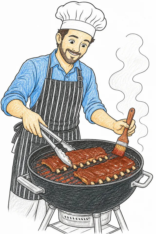 Ausmalvorlage: Grillmeister wendet Rippchen mit Grillzange auf BBQ-Grill