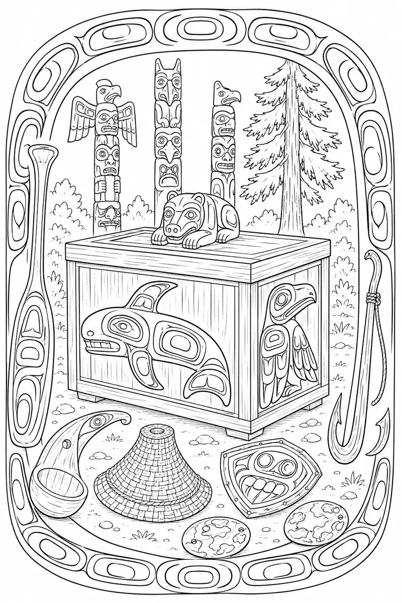 Haida-Bentwood-Truhe mit Orca-Bemalung an der Vorderseite und Raben-Motiv an der Seite im Formline-Rahmen