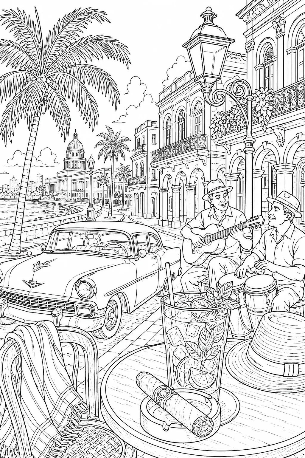 Havana cozy: Malecón curving seawall pastel crumbling colonial turquoise pink yellow / classic car 1950s chrome fins gleaming / Son Cubano Salsa musicians guitar bongos Mojito crushed ice cigar / Old Havana skyline El Capitolio dome Castillo fortress golden Caribbean sunset