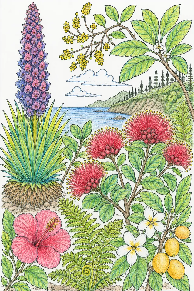 Hawaii: Silversword silvery spherical / Hibiscus yellow column / Ohia Lehua scarlet / Hāpu'u fern fibrous / Nothocestrum orange hanging