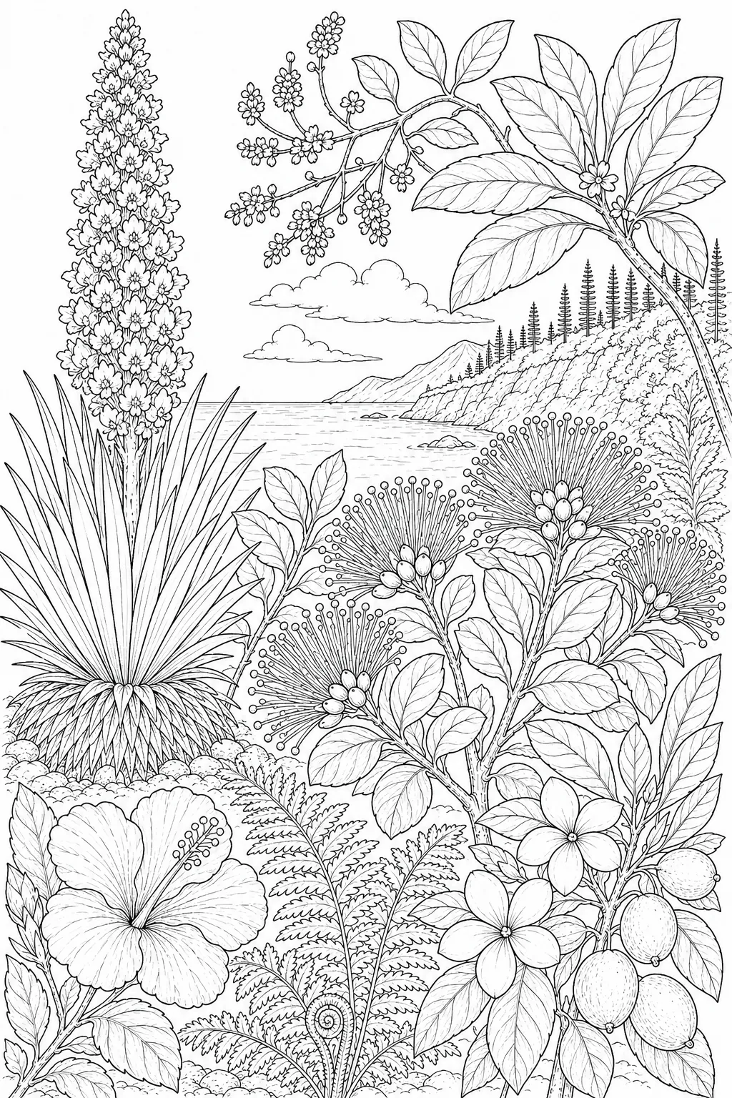 Hawaii: Silversword silvery spherical / Hibiscus yellow column / Ohia Lehua scarlet / Hāpu'u fern fibrous / Nothocestrum orange hanging