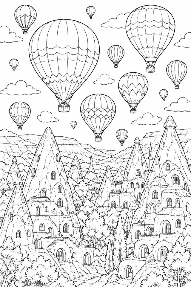 Heißluftballon-Flotte über der Felslandschaft Kappadokiens