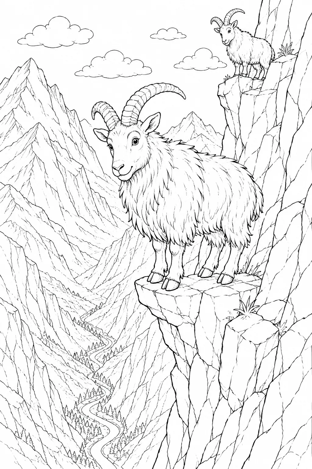 Coloring page: Himalayan mountain goat seemingly effortlessly balancing on tiny rock ledge above deep valley