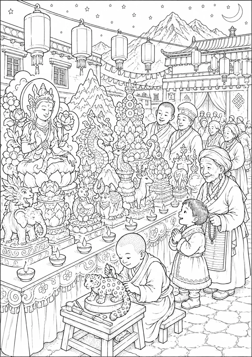 Coloring page: Tibetan butter sculpture festival at night with glowing colourful sculptures and wondering visitors