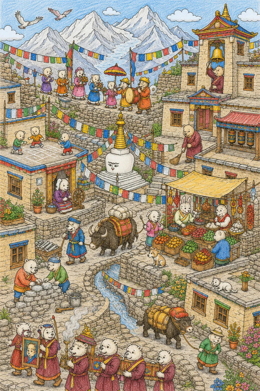 Himalaya-Dorf-Wimmelbild von oben