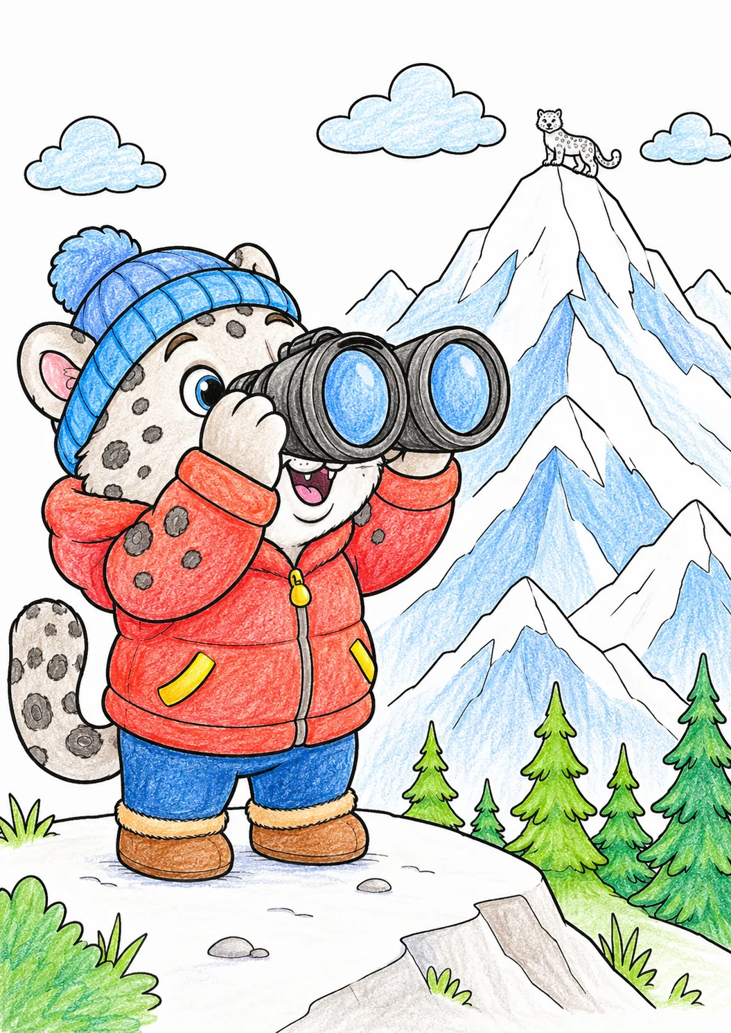 Kind schaut durch Fernglas auf Berggipfel